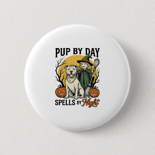 Halloween-Hund-Hexe-Shirt Vintage-Engraving Hausti Button