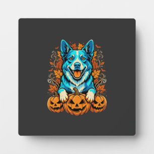Halloween-Hund mit Jack-O-Lantern-Kürbissen_1 Fotoplatte