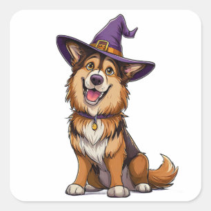 Halloween-Hund mit lila Zaubererhut Quadratischer Aufkleber