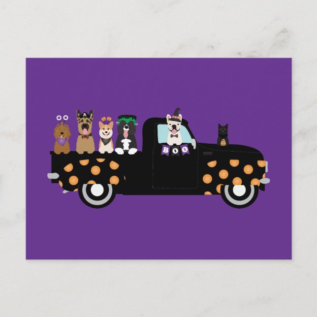 Halloween-Hunde in einem Lieferwagen Postkarte (Vorderseite)