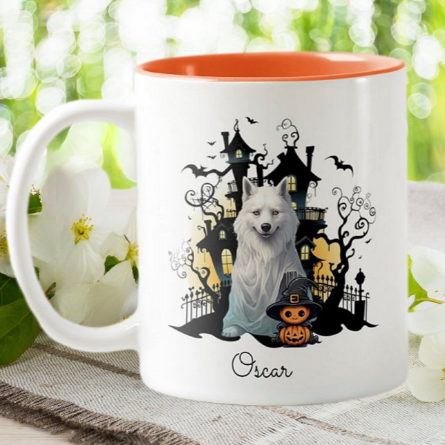 Halloween Husky Ghost Spuk House Personalisiert Zweifarbige Tasse (Von Creator hochgeladen)