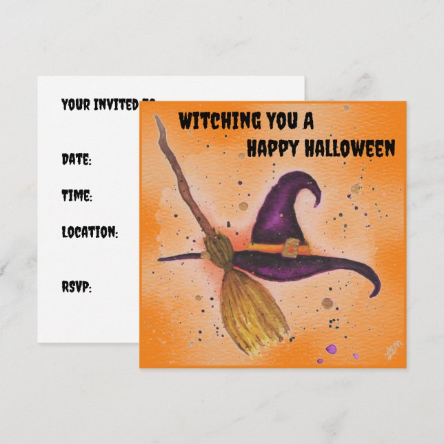 Halloween-Hut und Broom Einladung (Vorne/Hinten)