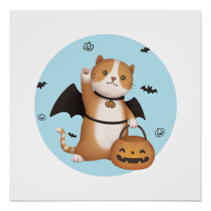 Halloween-Illustration: Fledermauskatze Poster