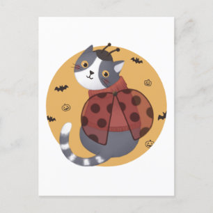 Halloween-Illustration: Marienkäfer-Katze Postkarte