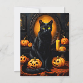Halloween-Illustration mit Katze und Kürbis Feiertagskarte