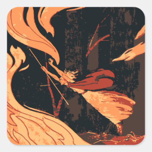 Halloween im Vintage-Stil, Böse Hexe mit Feuer im  Quadratischer Aufkleber