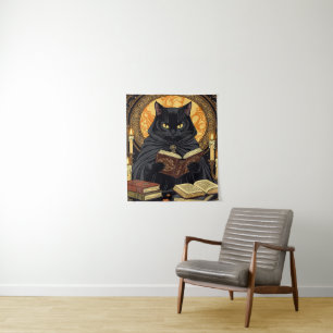 Halloween in Hardcover: Eine Katze liest Bücher Wandteppich