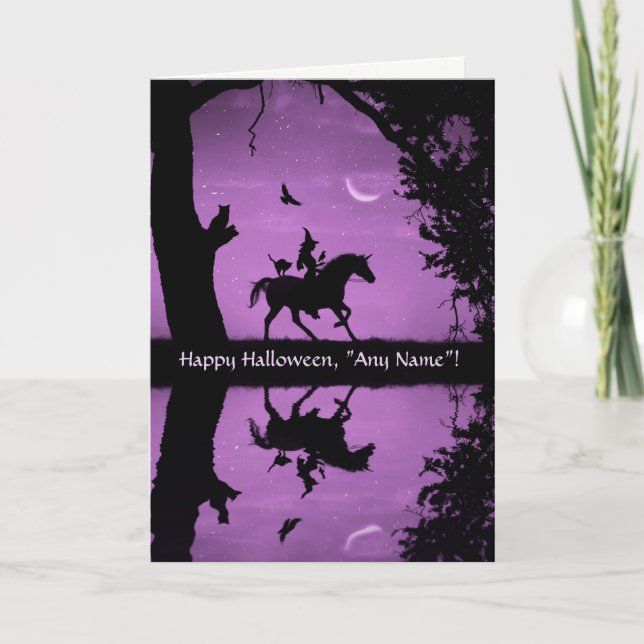 Halloween Individuelle Name Fun Witch und Unicorn Karte (Vorderseite)