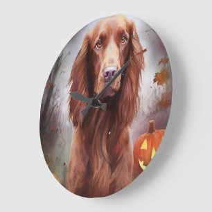 Halloween Irish Red Setter mit Pumpkins Beängstige Große Wanduhr