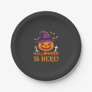 Halloween ist hier Hexe Kürbis Vektor Pappteller