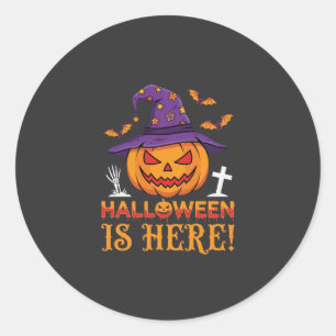 Halloween ist hier Hexe Kürbis Vektor Runder Aufkleber