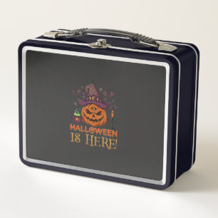 Halloween ist hier Kürbis Hexenhut Magischer Kesse Metall Brotdose
