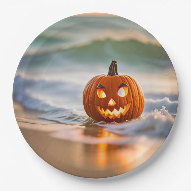 Halloween Jack-o-Lantern am Strand Pappteller (Vorderseite)
