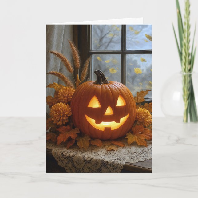 Halloween Jack-o-Lantern in den Blume im Herbst Karte (Vorderseite)