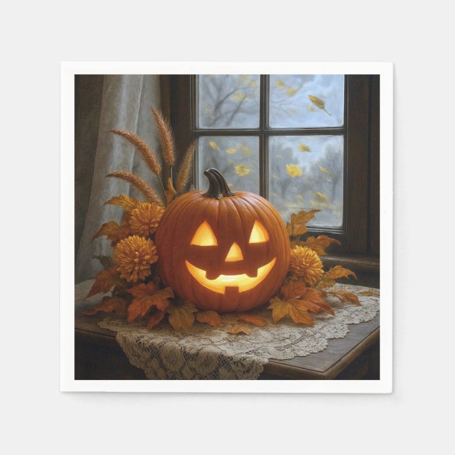 Halloween Jack-o-Lantern in den Blume im Herbst Serviette (Vorderseite)