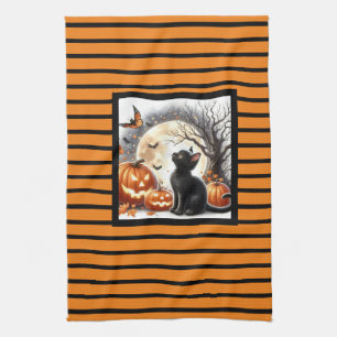 Halloween Jack O Lantern Kürbis und Katze  Geschirrtuch