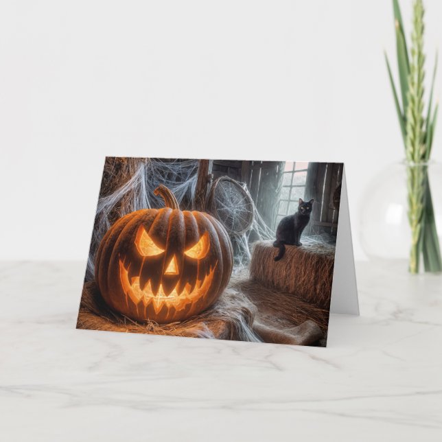 Halloween Jack-o-Lantern und Barnenkatze Karte (Vorderseite)