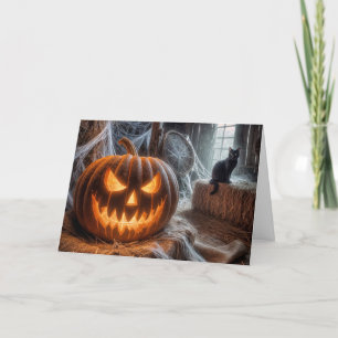 Halloween Jack-o-Lantern und Black Barn Cat Feiertagskarte