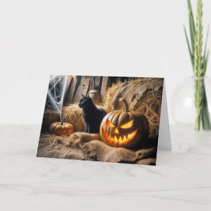 Halloween Jack-o-Lantern und Katze im Stall Feiertagskarte