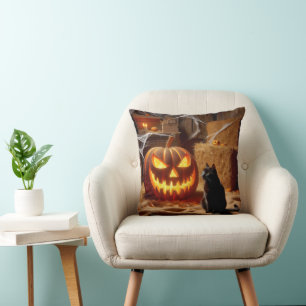 Halloween Jack-o-Lantern und Katze im Stall Kissen