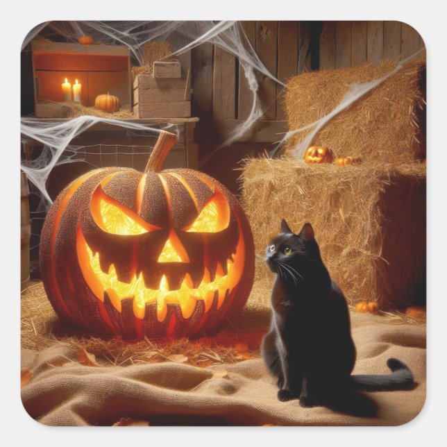 Halloween Jack-o-Lantern und Katze im Stall Quadratischer Aufkleber (Vorderseite)