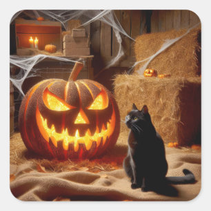 Halloween Jack-o-Lantern und Katze im Stall Quadratischer Aufkleber