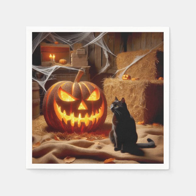 Halloween Jack-o-Lantern und Katze im Stall Serviette (Vorderseite)