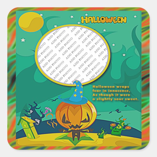 Halloween Jack o' Lantern Wizard Foto Frame hinzuf Quadratischer Aufkleber (Vorderseite)