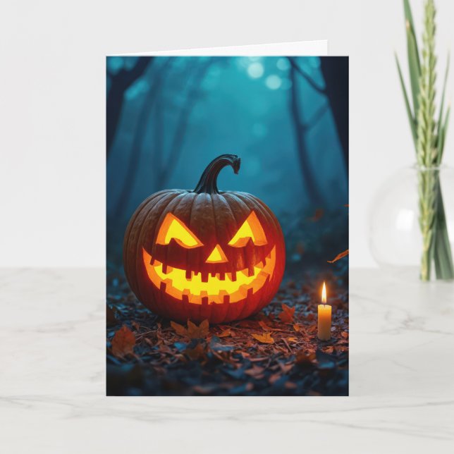 Halloween-Jack-o-Laterne in scharfen Wäldern Feiertagskarte (Vorderseite)