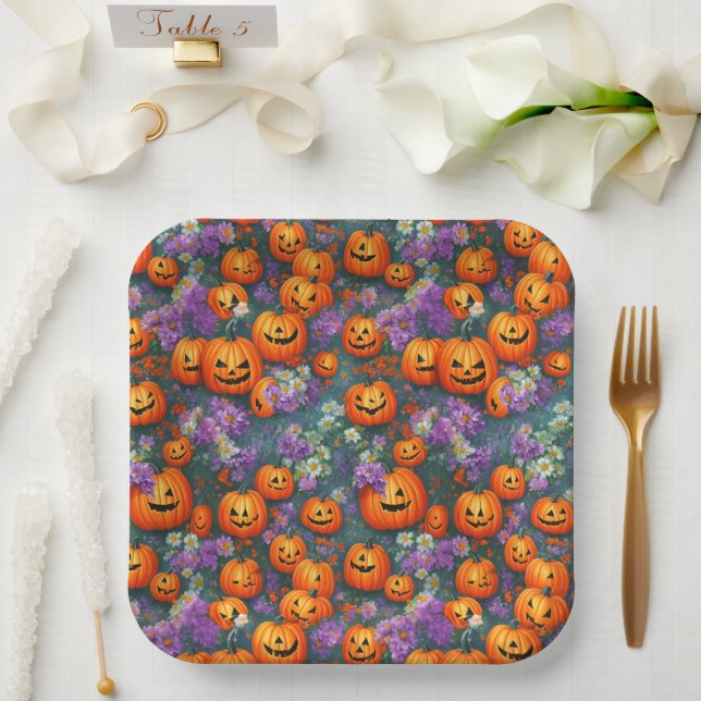Halloween-Jack-o'-Laternen und violette Blumen Pappteller (Hochzeit)