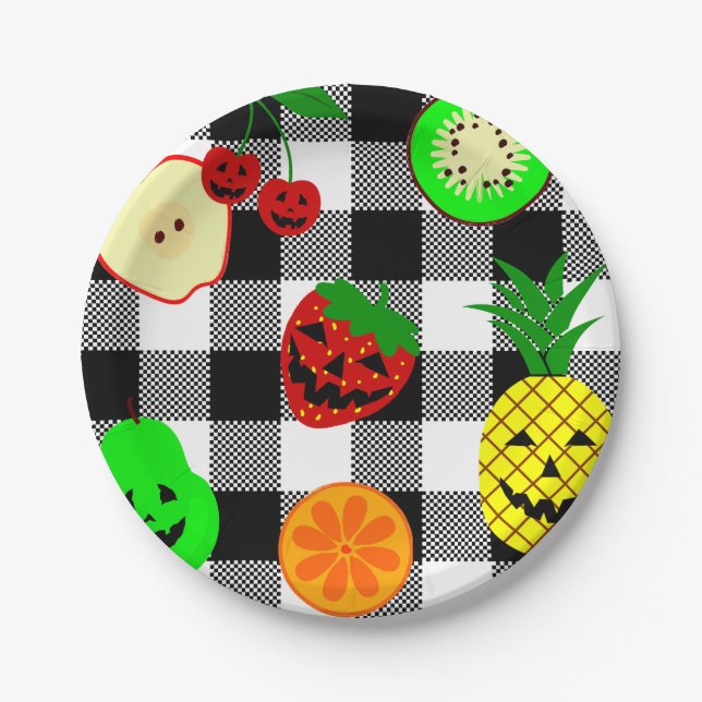 halloween Jack o'lantern fruit gingham Pappteller (Vorderseite)