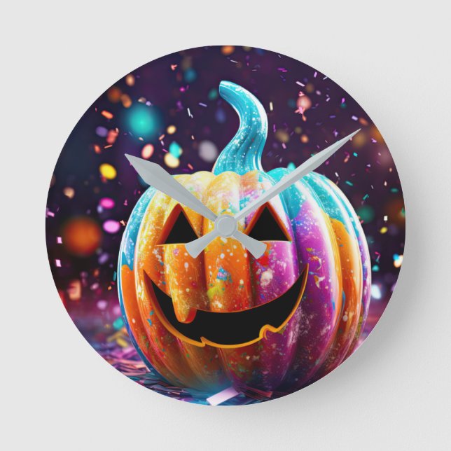 Halloween Jack O'Lantern Neon Pop Art Runde Wanduhr (Vorderseite)