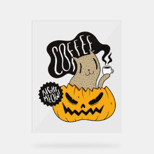 Halloween-Kaffeekatze - Süße Halloween-Katze trink Acrylschild