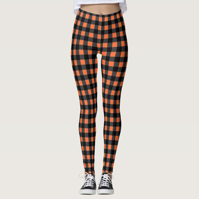 Halloween Kariertes Schwarz-Orange-Muster Leggings (Vorderseite)