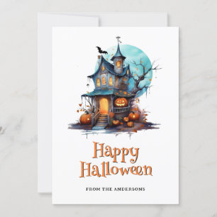 Halloween-Karte des Spuk House Skeletts Ghost-Bat Feiertagskarte