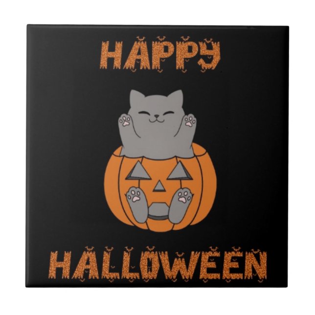 Halloween kat pompoen tegeltje fliese (Vorderseite)