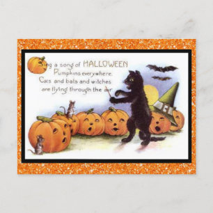 Halloween-Kätzchen, Kürbis-Chor Vintage-Glitter Postkarte