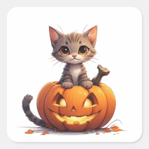 Halloween-Kätzchen schaut aus Kürbis-Dekoration 🎃 Quadratischer Aufkleber