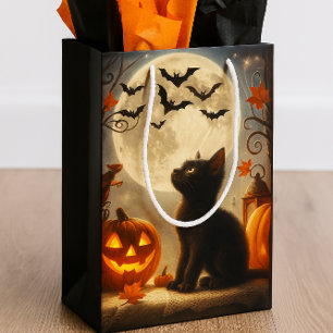 Halloween-Kätzchen Vollmond und Fledermäuse Mittlere Geschenktüte