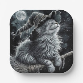 Halloween-Katze auf Besenstiel Pappteller