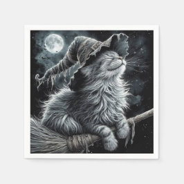 Halloween-Katze auf Besenstiel Serviette