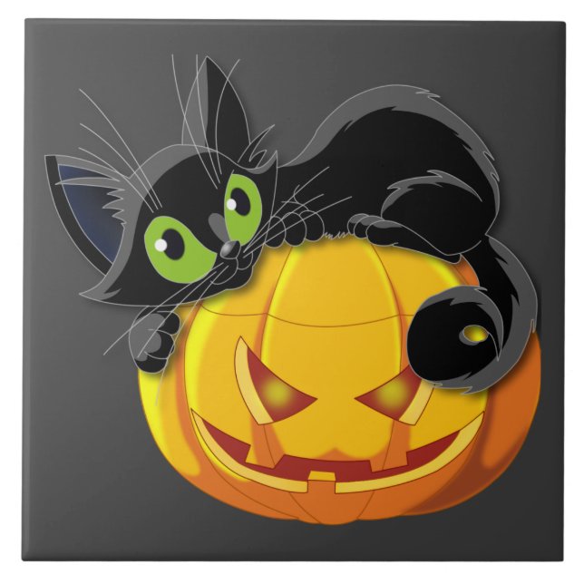 Halloween-Katze auf Kürbiskugel Fliese (Vorderseite)