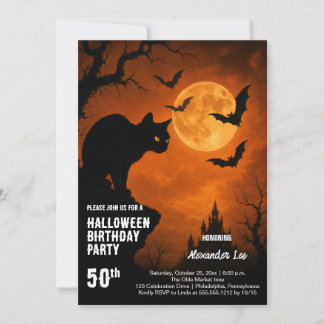 Halloween-Katze-Fledermäuse-Einladung zur 50. Gebu Einladung
