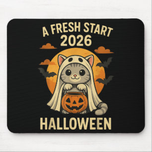 Halloween-Katze-Geist-Grafik - Frischer Start 2026 Mousepad