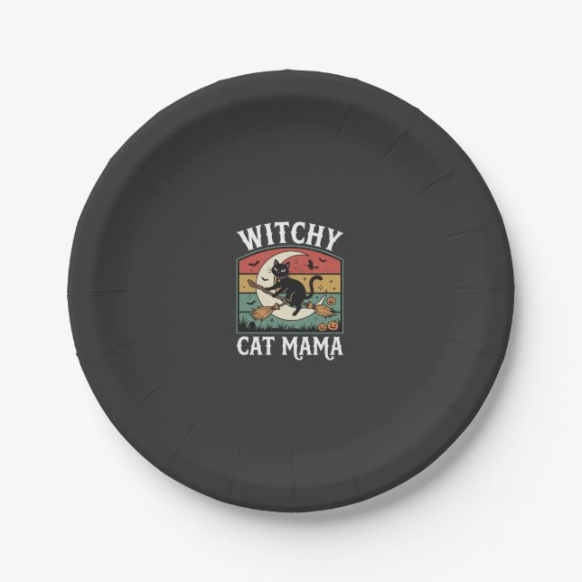 Halloween-Katze Hexen-Mama Pappteller (Vorderseite)
