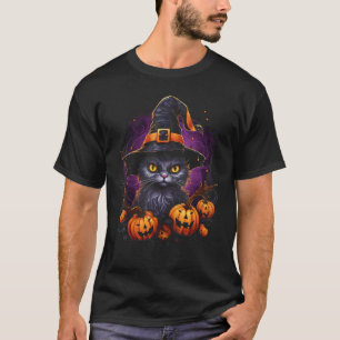 Halloween-Katze Hexenhut Kürbis Jack o Lantern Cos T-Shirt