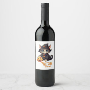 Halloween-Katze Hexenpfoten Weinetikett