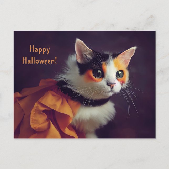 Halloween. Katze im Kürbis Kostüm. Postkarte (Vorderseite)