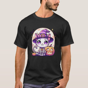 Halloween-Katze Kätzchen Hexe Skelett Süß Faul Kos T-Shirt