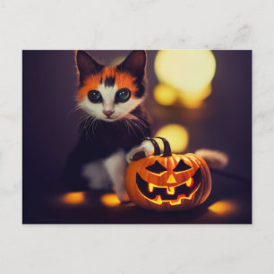 Halloween Katze. Kitten mit Kürbissen. Niedlich Postkarte